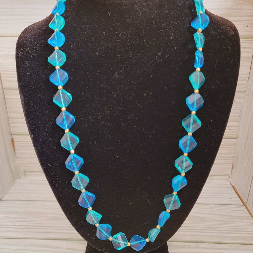 Vintage Hong Kong Blue Lucite Look Plastic Bead Necklace Statement Clasp 24”